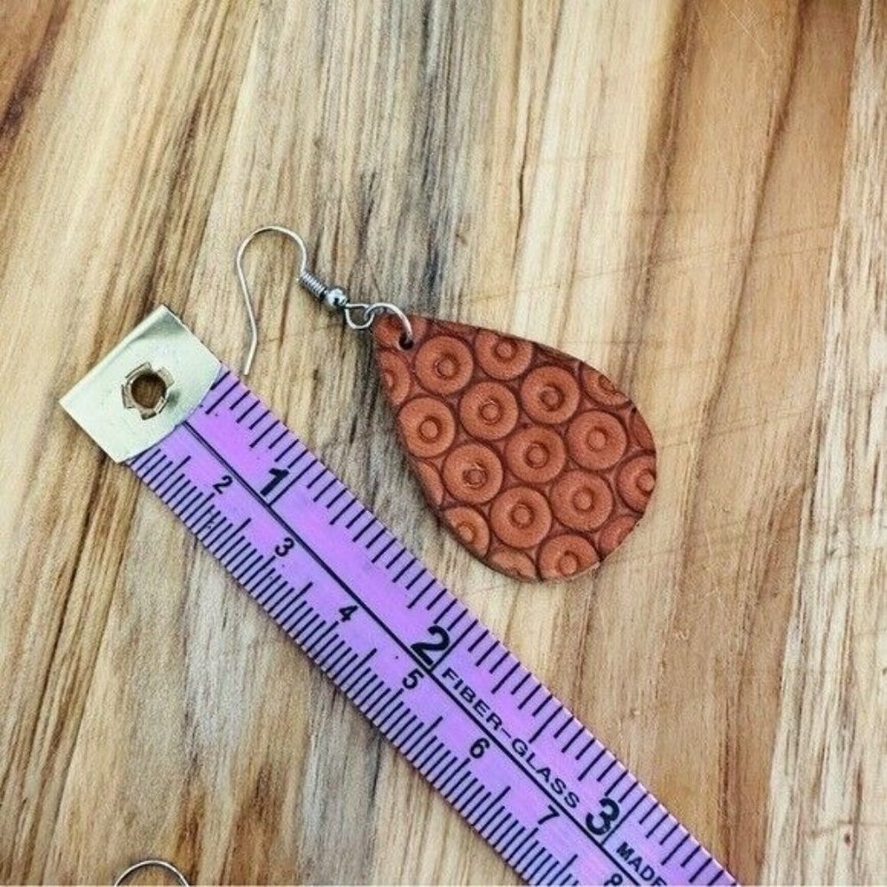 BOHO Hand Crafted Style Hand Tooled Teardrop Leather Earrings - Picture 5 of 5